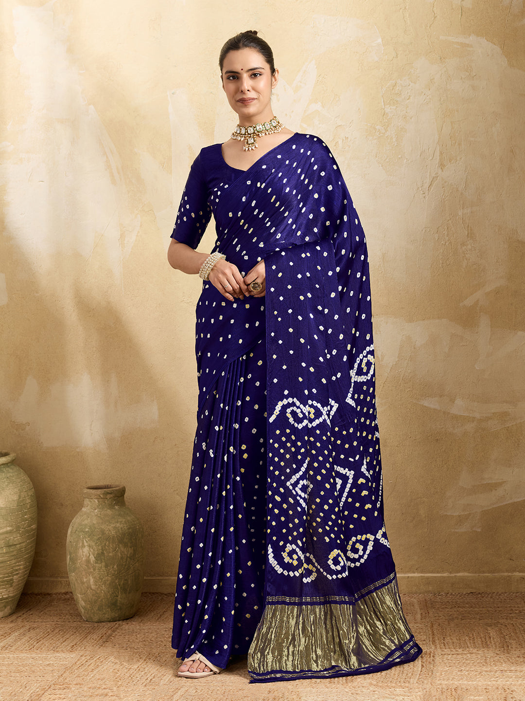Buy blue saree with bandhani print and lagdi patola pallu
