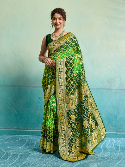 KcPc  New Launch Pure Khaddi Georgette Upada Neemzari Bandhej Saree AMT Parrot Green