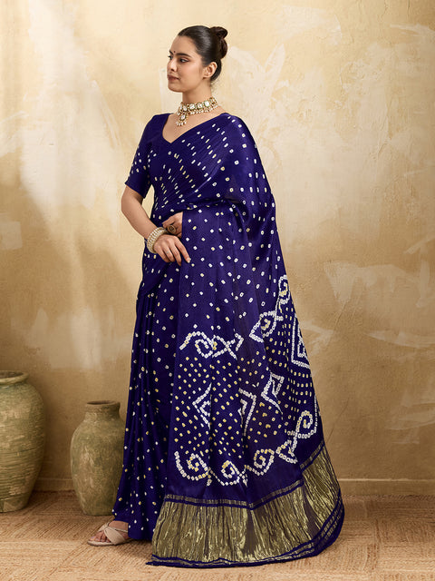 Buy blue saree with bandhani print and lagdi patola pallu