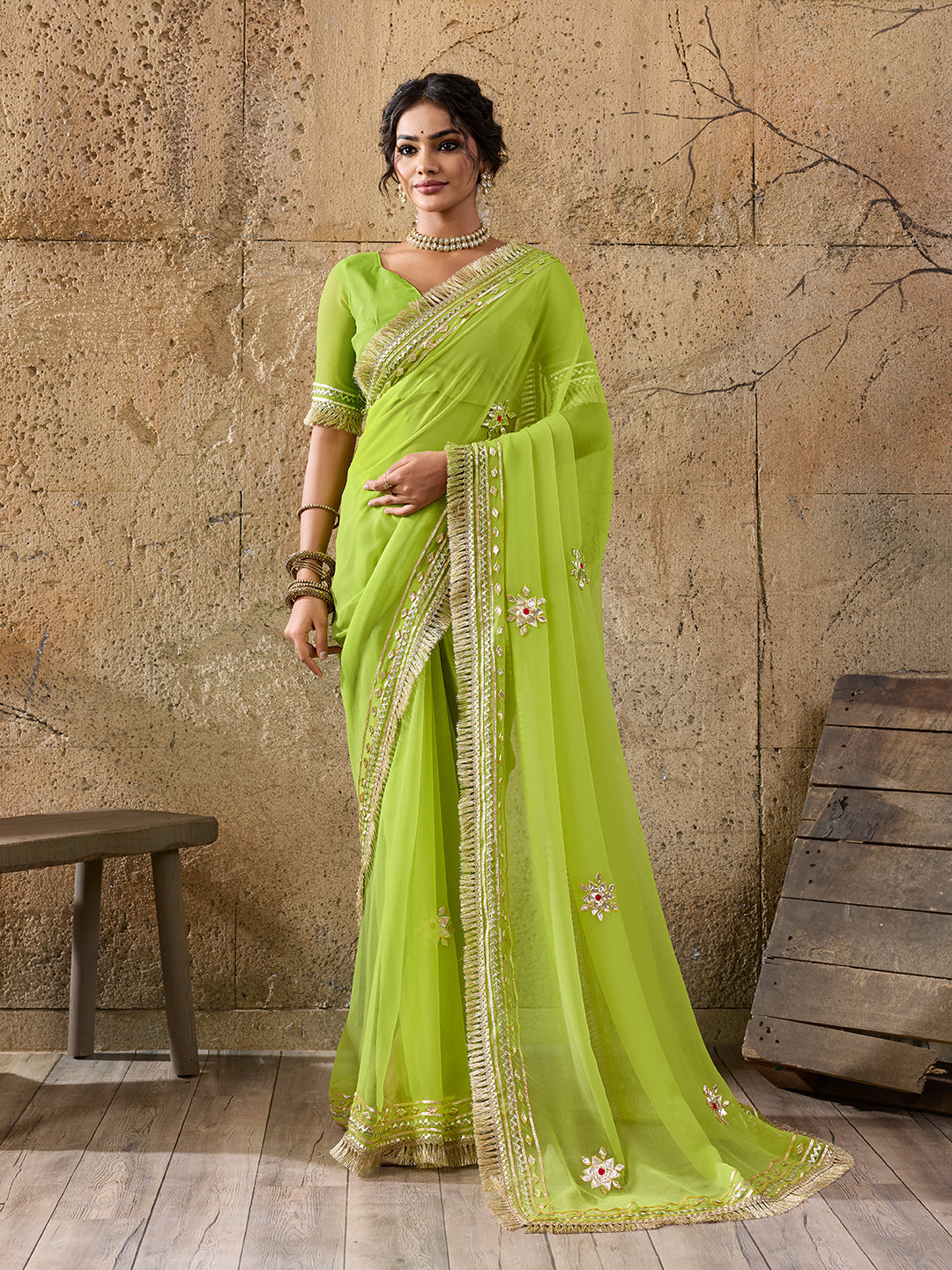 Buy saree with silver gotapati workborder for traditional design 