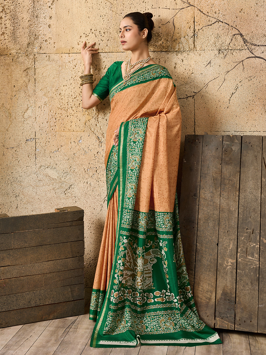 green and orange saree withSilk Printed Style With Zari Border Work 
