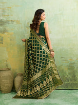 A bottle green Banarasi silk saree with heavy zari work and a gharchola pattern