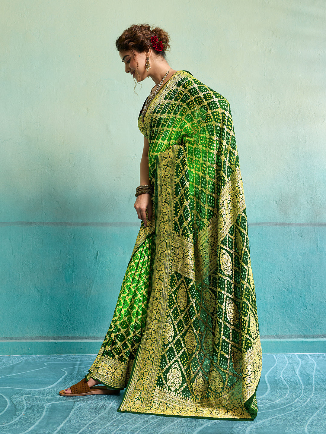 KcPcNew Launch Pure Khaddi Georgette Upada Neemzari Bandhej Saree AMT Parrot Green
