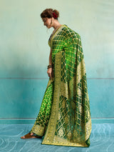 KcPcNew Launch Pure Khaddi Georgette Upada Neemzari Bandhej Saree AMT Parrot Green