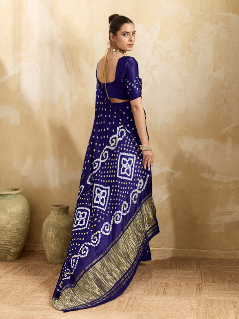 Buy blue saree with bandhani print and lagdi patola pallu