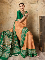 green and orange saree withSilk Printed Style With Zari Border Work 