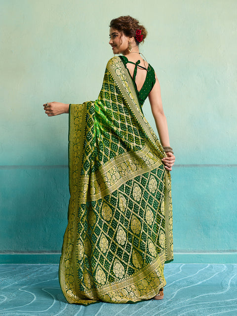 KcPc  New Launch Pure Khaddi Georgette Upada Neemzari Bandhej Saree AMT Parrot Green