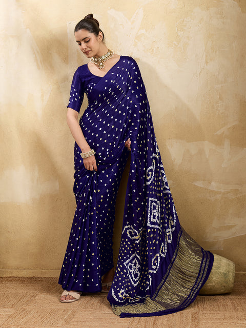 Buy blue saree with bandhani print and lagdi patola pallu