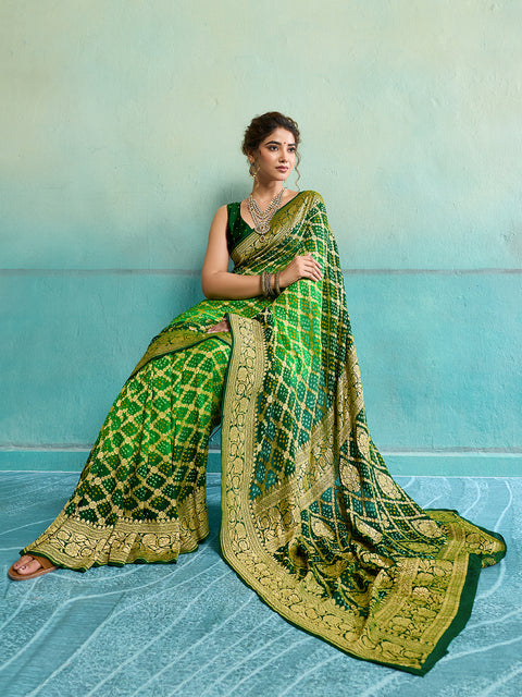KcPc  New Launch Pure Khaddi Georgette Upada Neemzari Bandhej Saree AMT Parrot Green