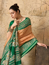 green and orange saree withSilk Printed Style With Zari Border Work 