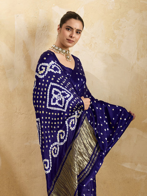 Buy blue saree with bandhani print and lagdi patola pallu