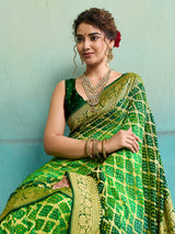 KcPcNew Launch Pure Khaddi Georgette Upada Neemzari Bandhej Saree AMT Parrot Green