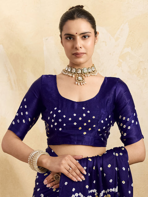 Buy blue saree with bandhani print and lagdi patola pallu