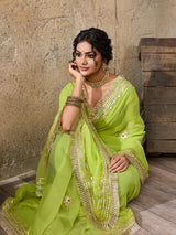 Buy Green saree with silver gotapati workborder for traditional design 