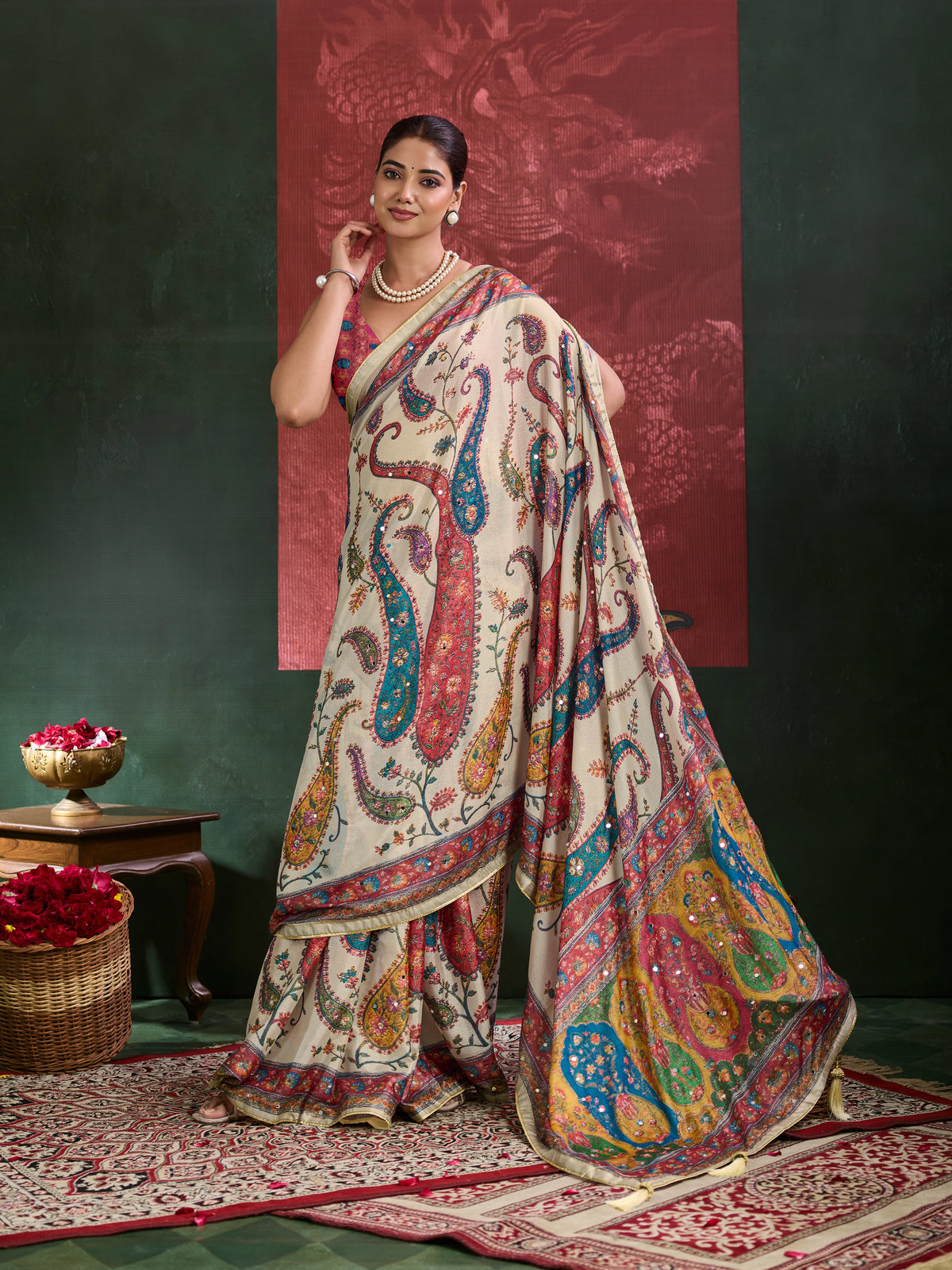 KcPc Premium Chinon Printed Saree with Mirror Work