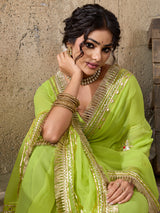 Buy Green saree with silver gotapati workborder for traditional design 
