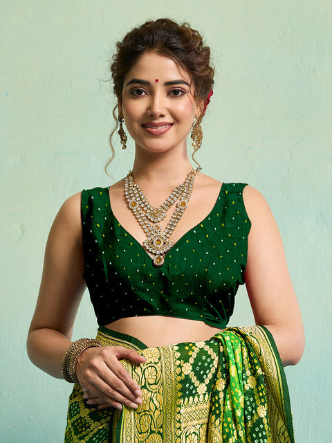 KcPc  New Launch Pure Khaddi Georgette Upada Neemzari Bandhej Saree AMT Parrot Green