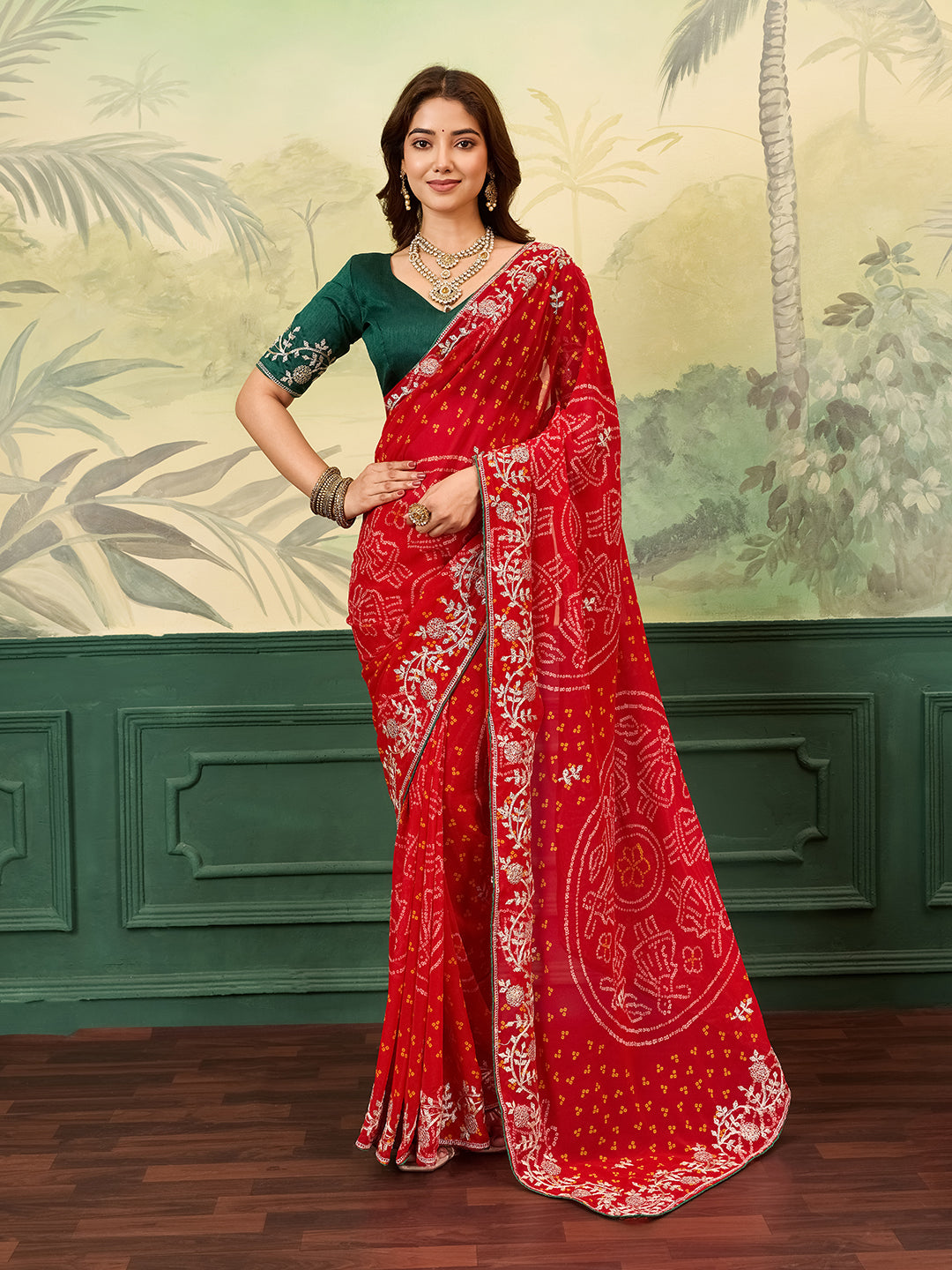 Buy New Bandhani Style Saree with Thread Embroidery Work Kcpc image 