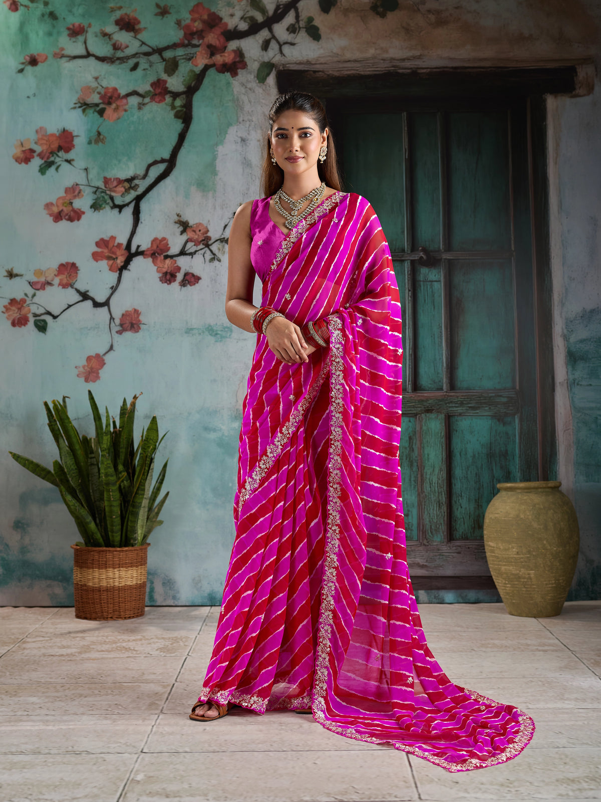 KcPc Designer Georgette Leheriya Saree with Peturn Work SWA