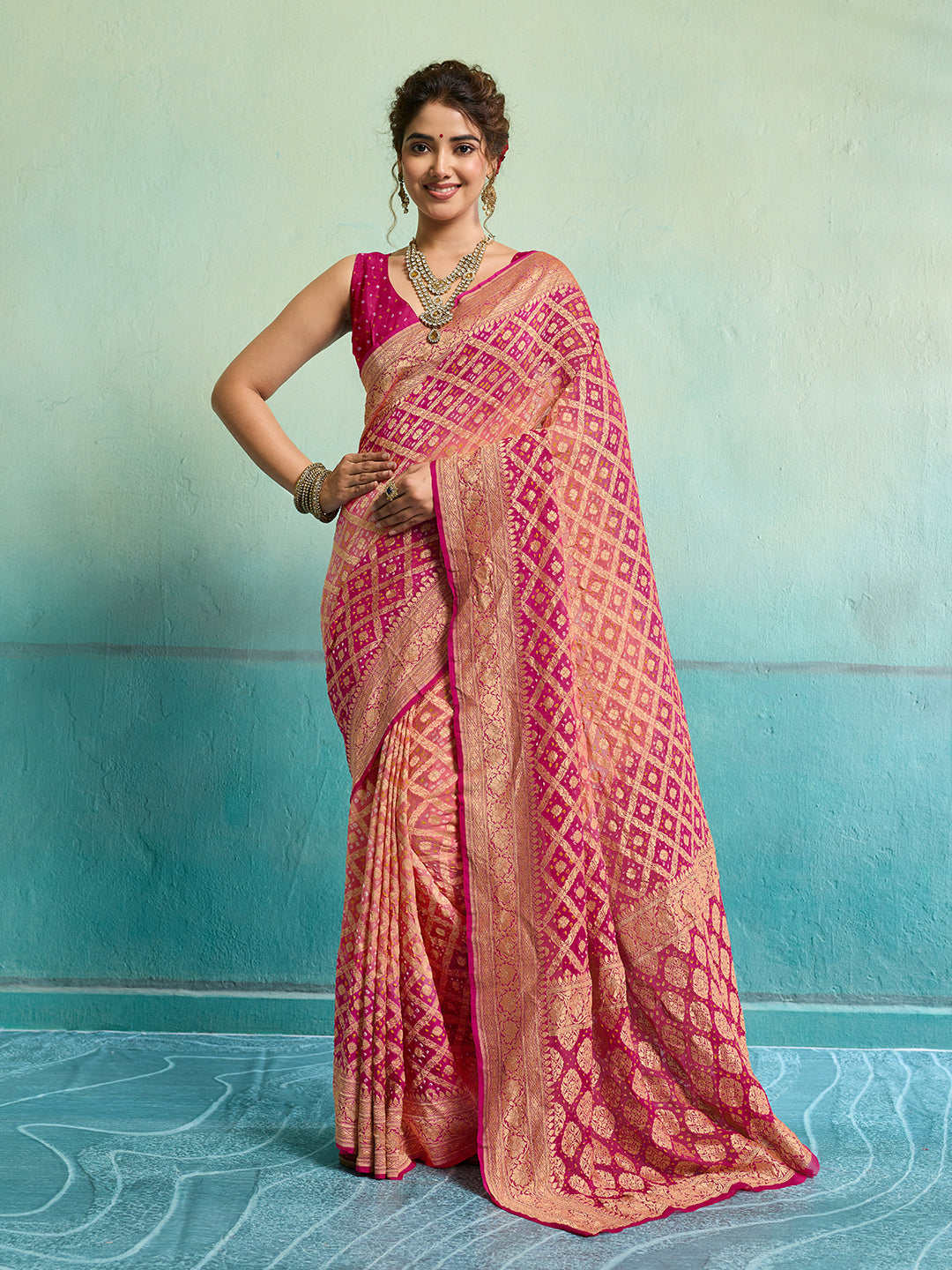 KcPc New Launch Pure Khaddi Georgette Upada Neemzari Bandhej SareePeach Pink