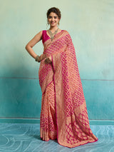 KcPc New Launch Pure Khaddi Georgette Upada Neemzari Bandhej SareePeach Pink