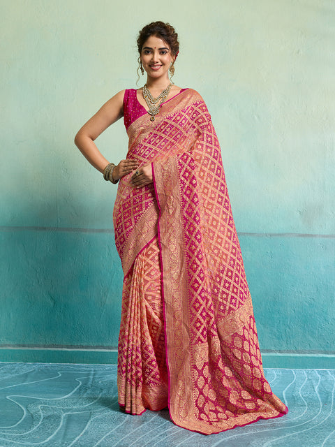 KcPc New Launch Pure Khaddi Georgette Upada Neemzari Bandhej Saree  Peach Pink