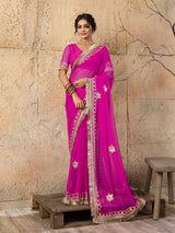 Buy Pink saree with gold embroidery gotapati work in pink colour