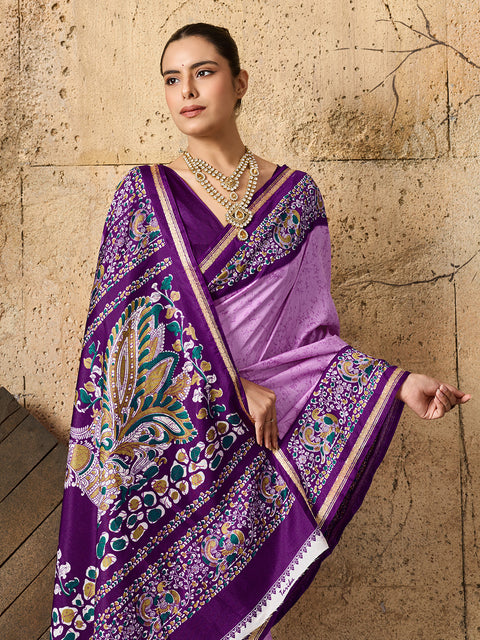 Silk Printed Style With Zari Border Work Saree in purple colour 
