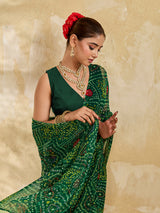 Buy green colour geometric patterned saree with bandhani style dots under 500