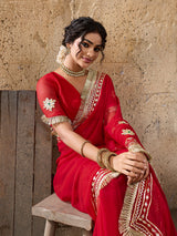 Buy Red saree with gold embroidery gatapati work in red colour
