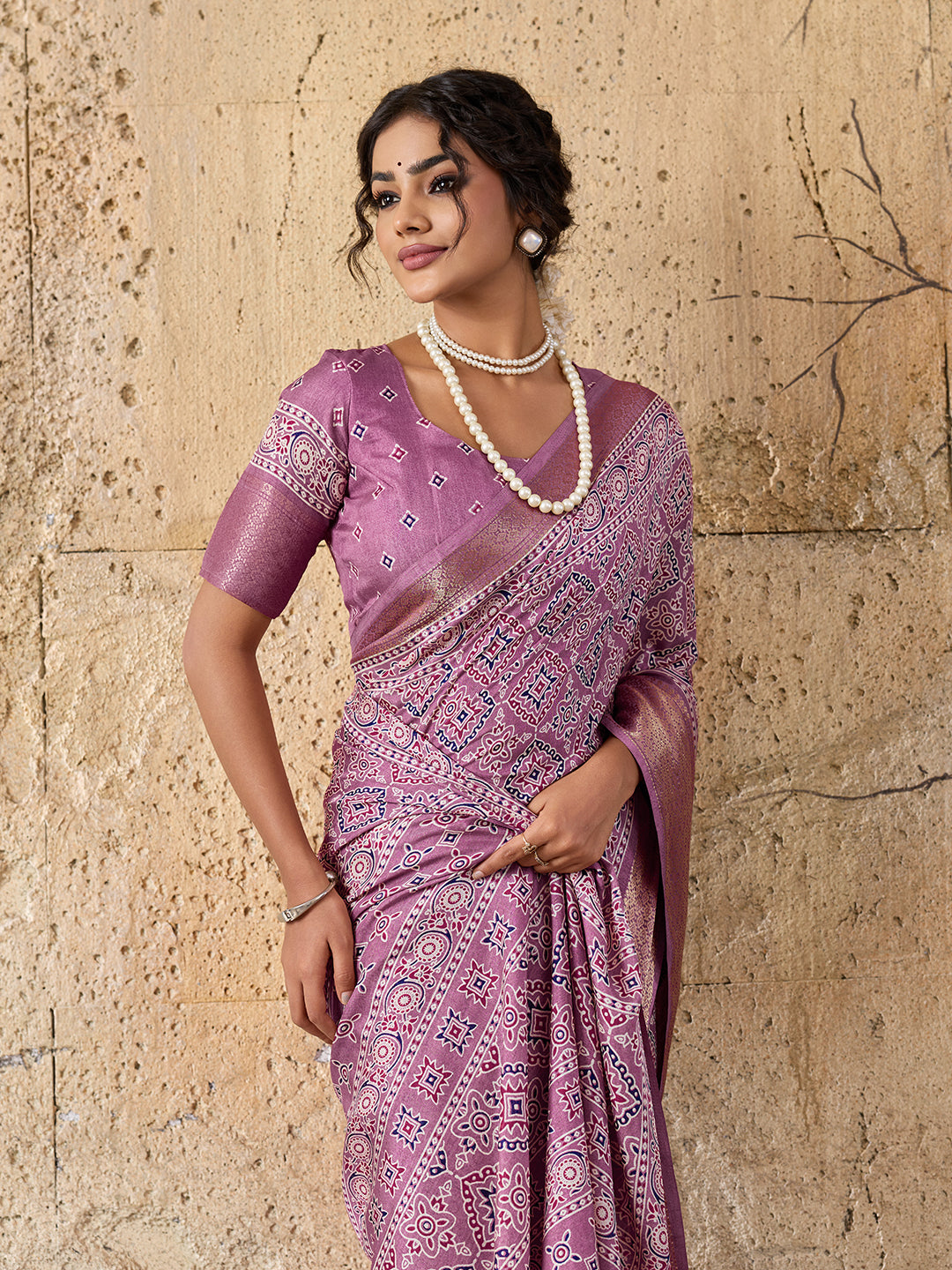 Cotton silk Ajrakh style Saree under 1000