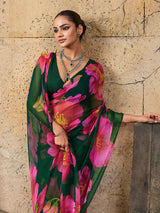  Georgette Flower Printed Style Saree in black colour