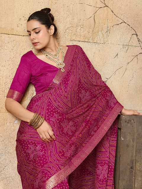 KcPc Beautiful Moss Chiffon Georgette Bandhani Sarees Rani  KDM