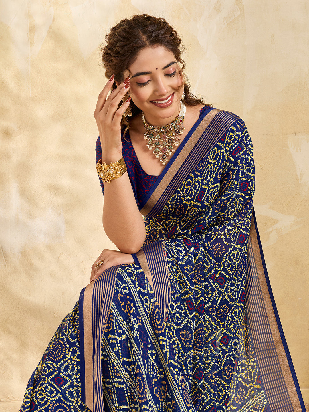 KcPc New Chiffon Bandhani Style Saree with Thread Weaving Border KDN