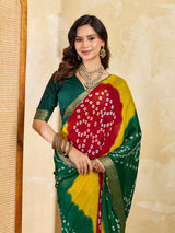 KcPc New Elegant Moss Chiffon Georgette Bandhani Saree with Zari Border KDN