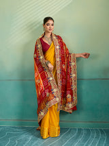 KcPc Traditional Gaji Silk Bandhani Pila Chunri with Zardosi Work With Silver Coins MNL