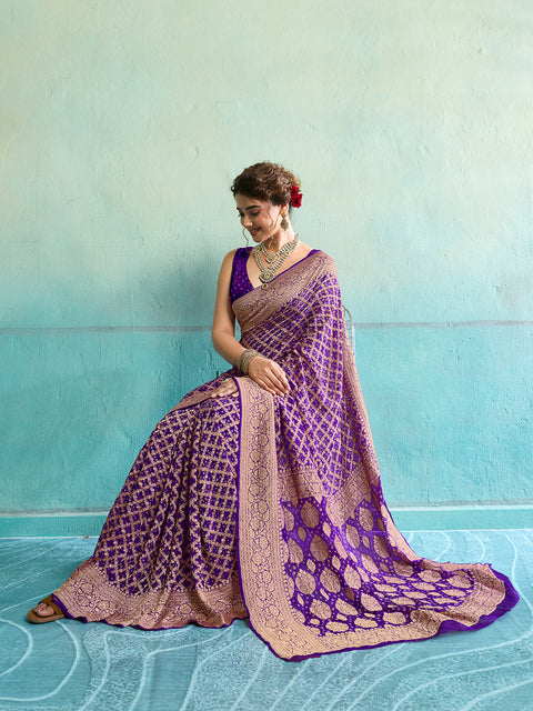 KcPc New Launch Pure Khaddi Georgette Upada Neemzari Bandhej Saree  Purple