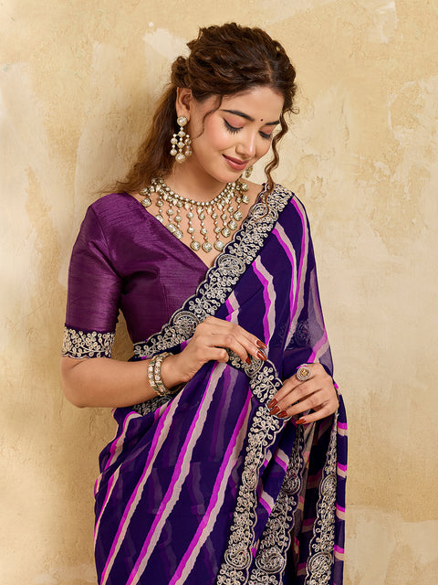 By Latest New Chiffon Leheriya Style With Embroidery Border Work Saree