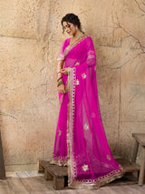 Buy Pink saree with gold embroidery gotapati work in pink colour