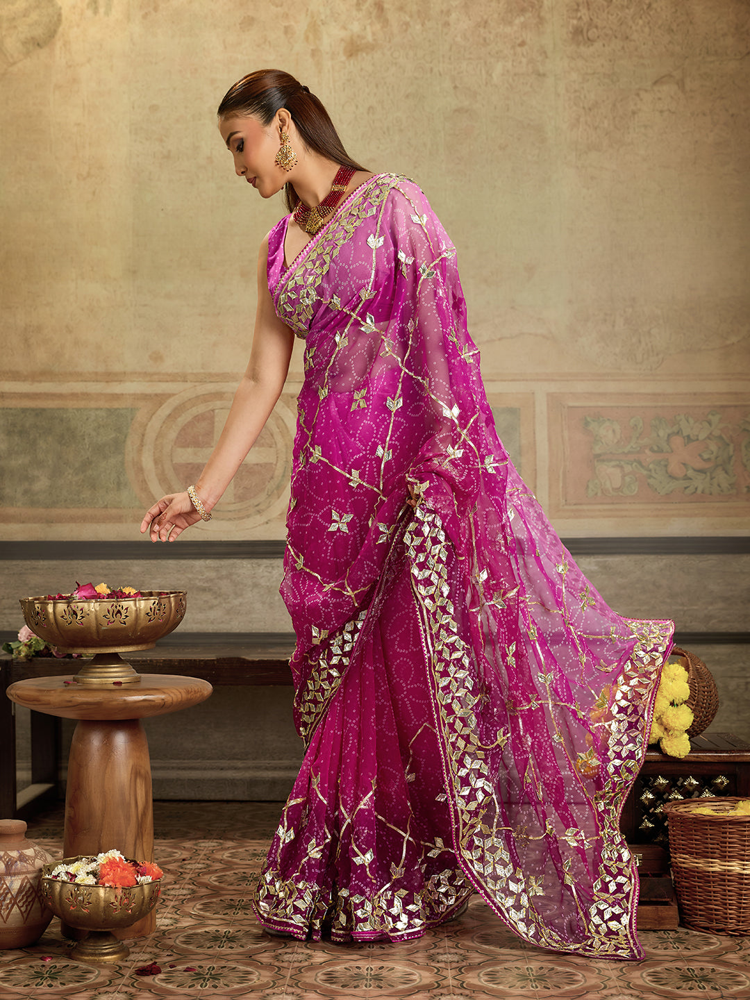 KcPc New Georgette Chiffon Bandhani Style With Gotapatti Work Saree MHS