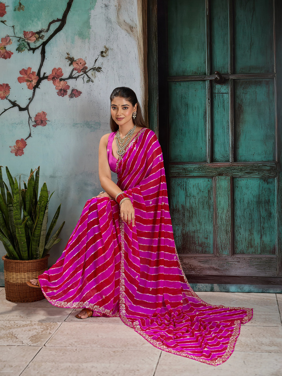 KcPc Designer Georgette Leheriya Saree with Peturn Work SWA