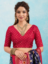  A blue and red pashmina cotton silk saree with a patola style pattern 