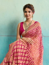 KcPc New Launch Pure Khaddi Georgette Upada Neemzari Bandhej SareePeach Pink