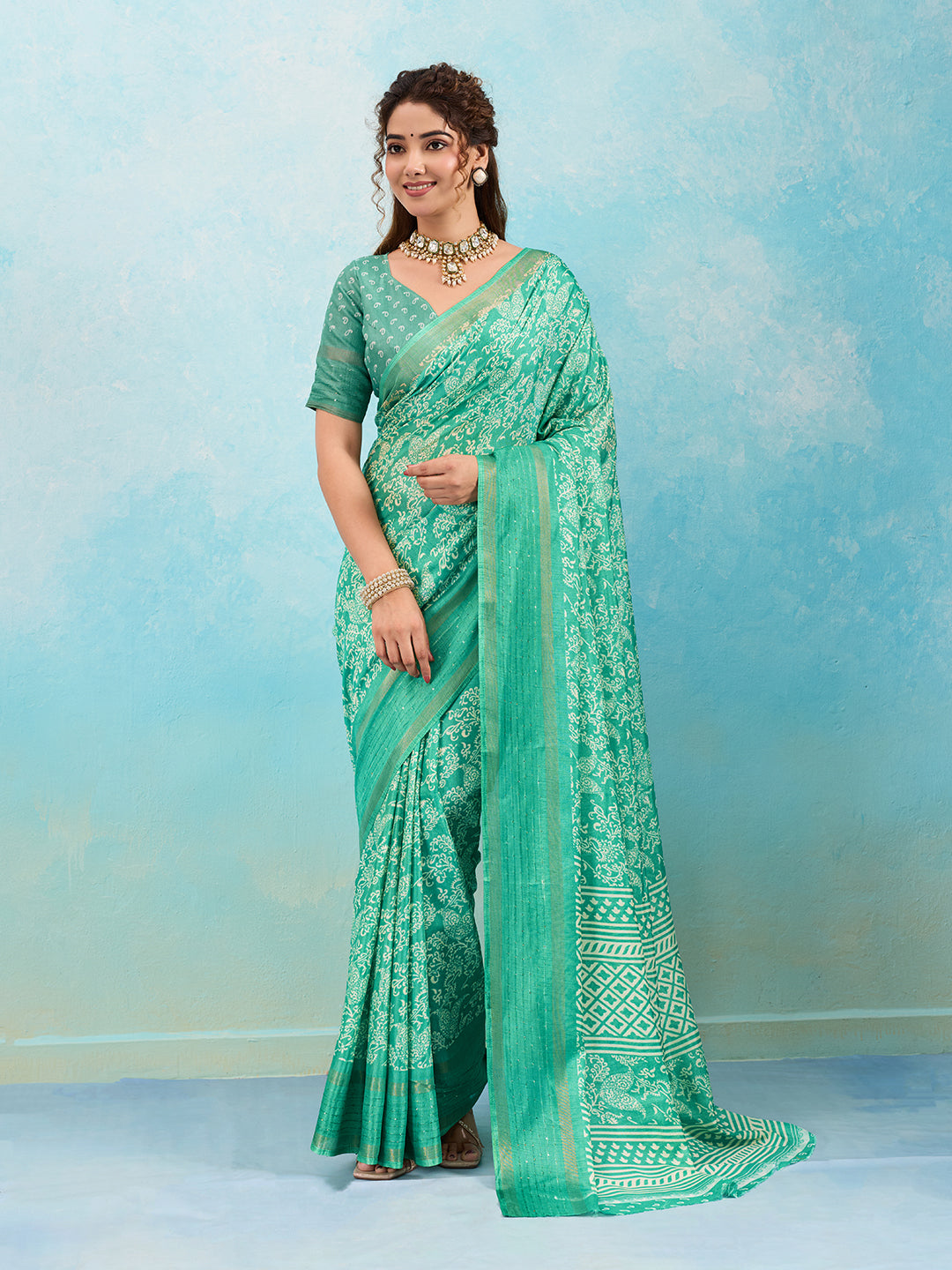 Batik Sanganeri Print Banarasi Border Saree under 1000 