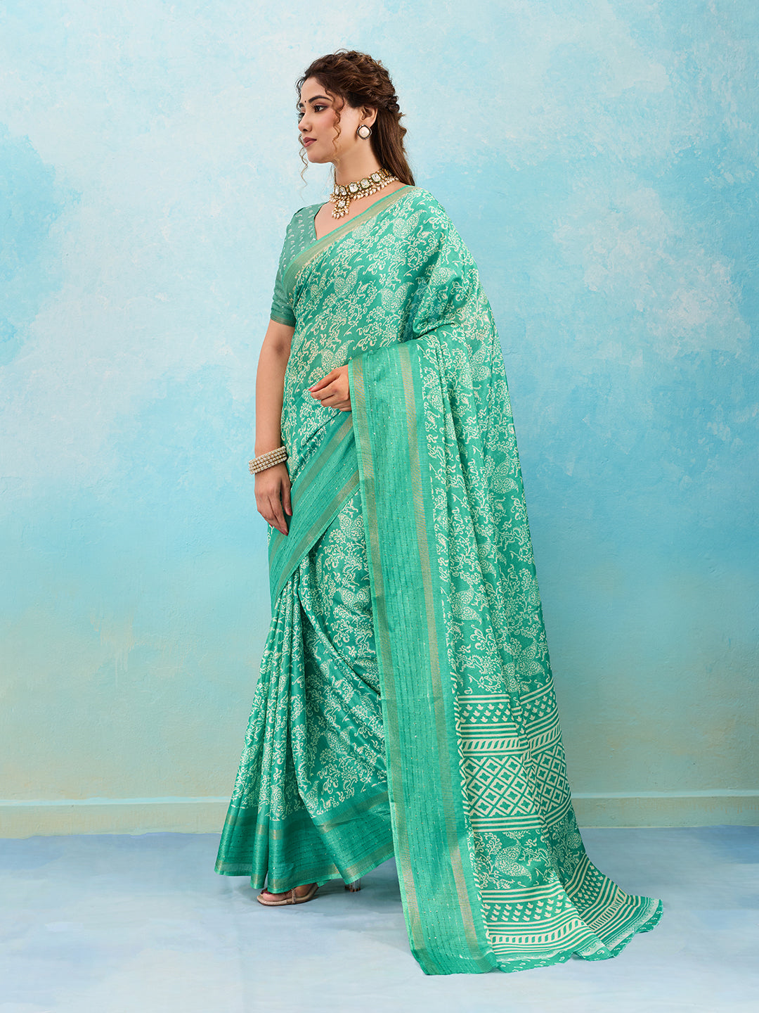 Batik Sanganeri Print Banarasi Border Saree under 1000 