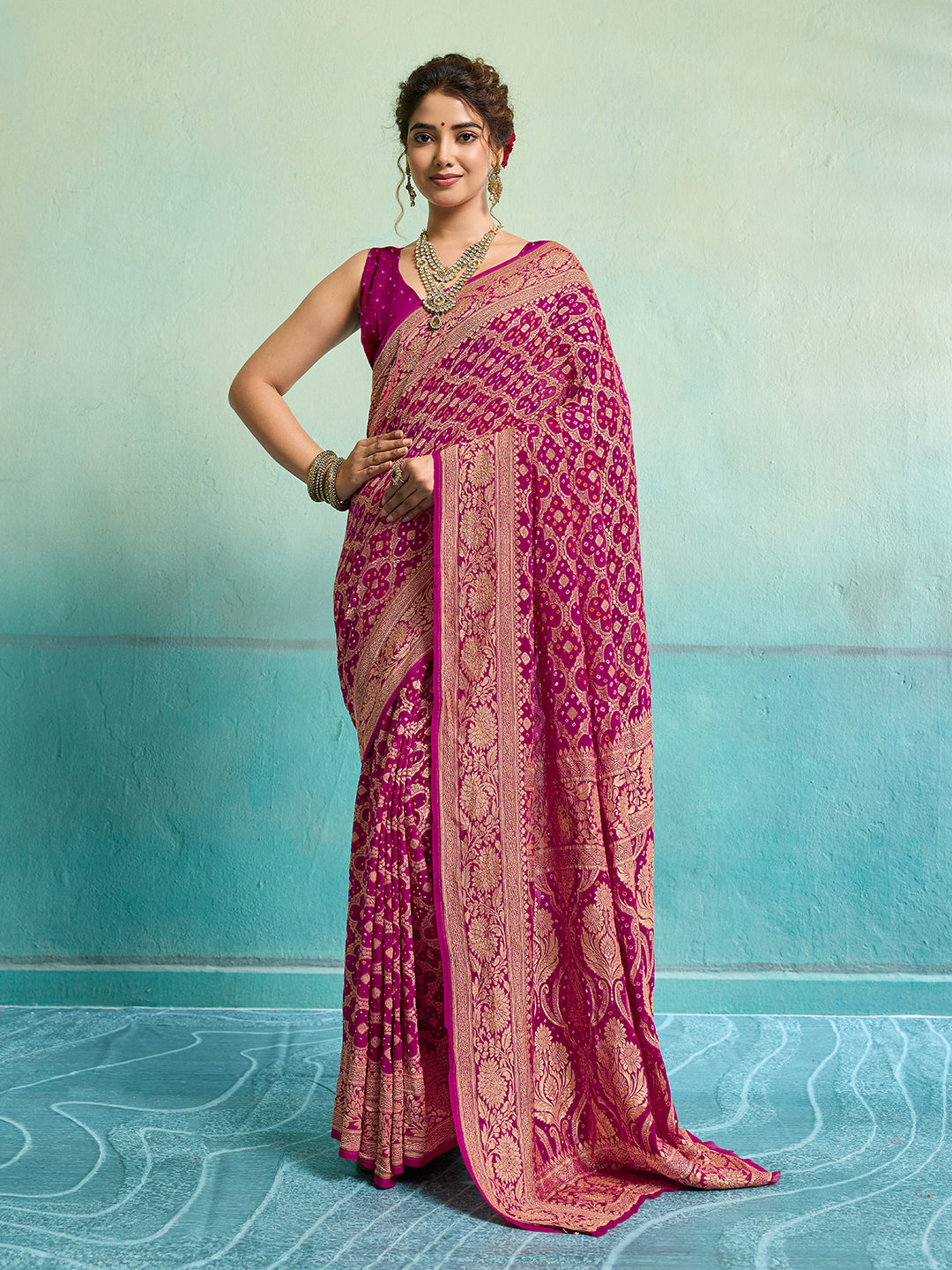 KcPc Latest Pure Khaddi Georgette Upada Neemzari Bandhej Saree Rani