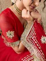 Buy Red saree with gold embroidery gatapati work in red colour
