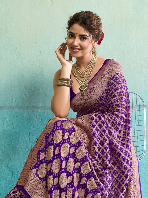 KcPc New Launch Pure Khaddi Georgette Upada Neemzari Bandhej Saree  Purple