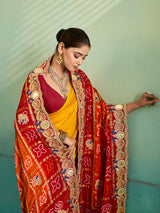 KcPc Traditional Gaji Silk Bandhani Pila Chunri with Zardosi Work With Silver Coins MNL