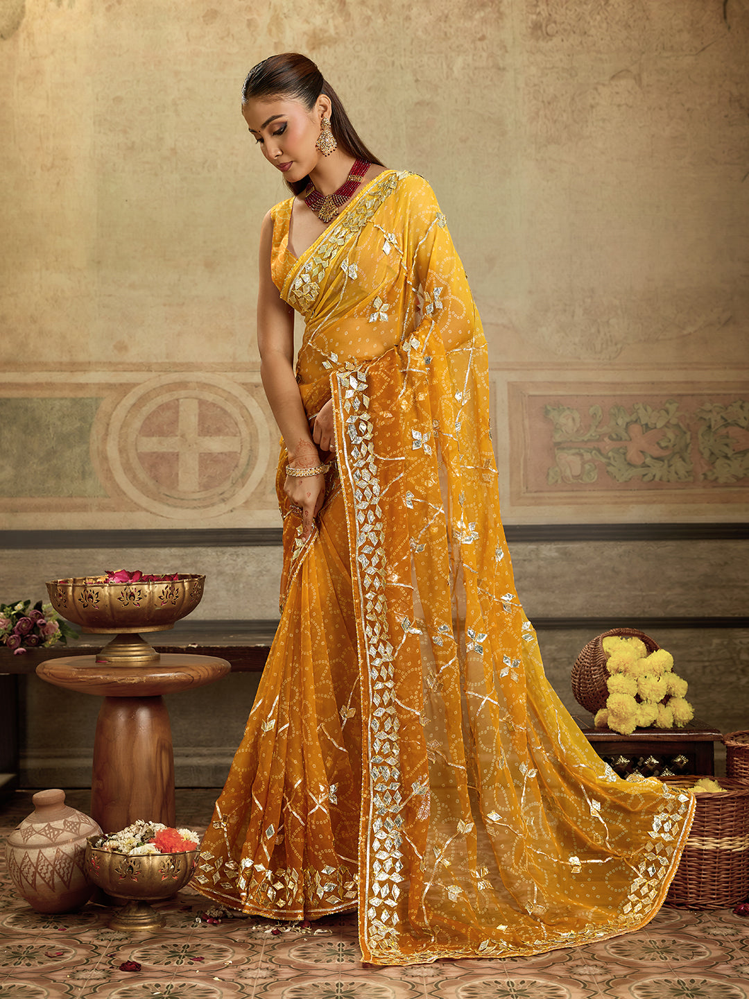 KcPc New Beautiful Georgette Chiffon Bandhani Style With Gotapatti Work Saree MHS